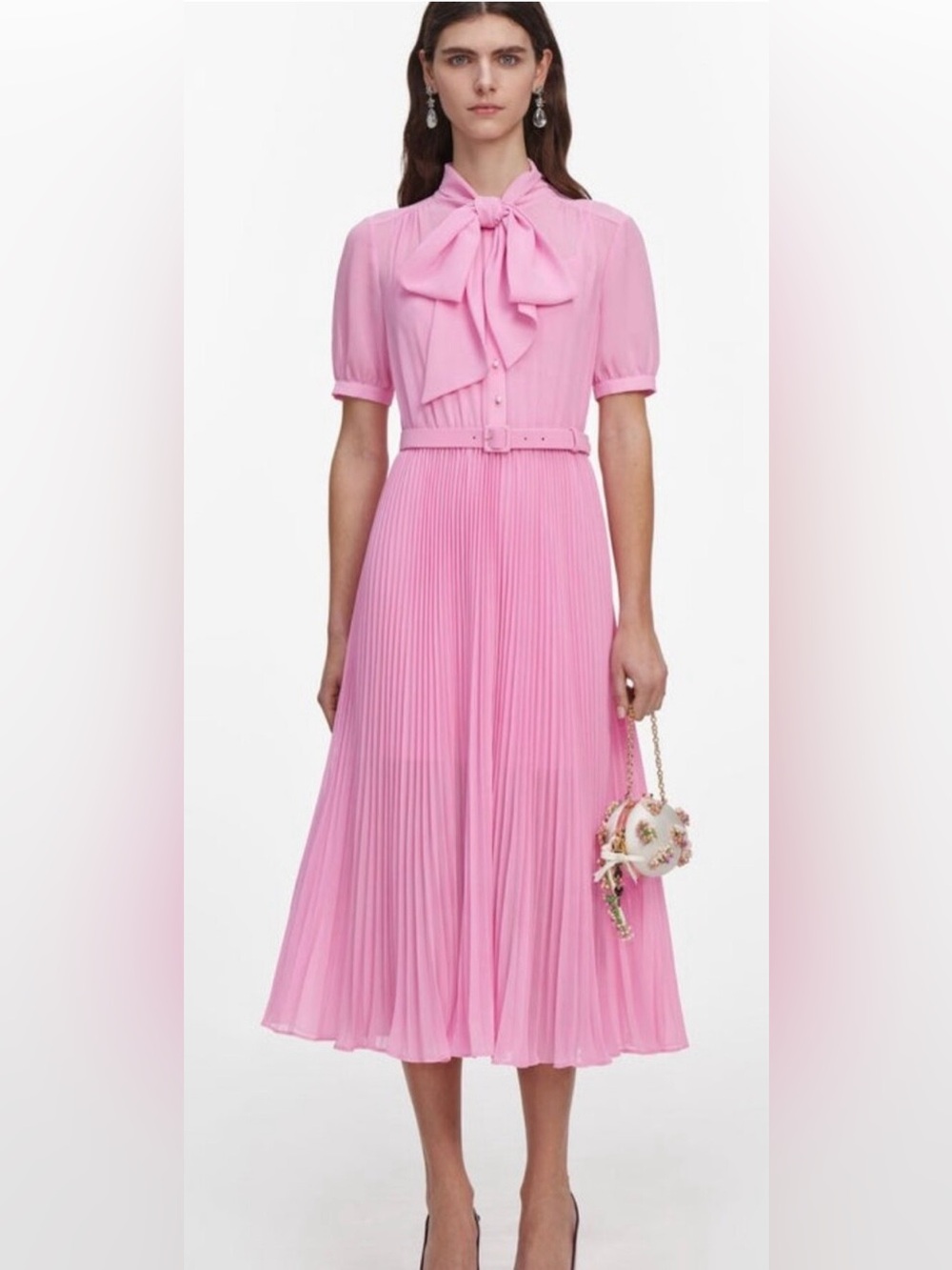 Self Portrait Pink Georgette Tie Neck Midi Dress
